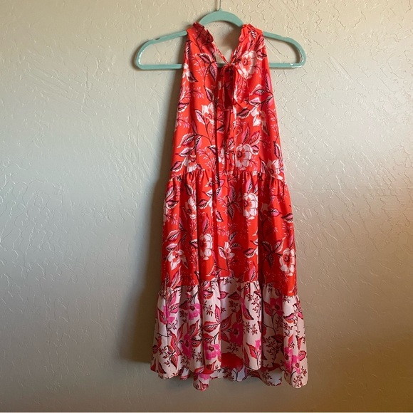 Eliza J Fit & Flare Halter Tiered Ruffle Dress Coral Floral - Picture 7 of 7